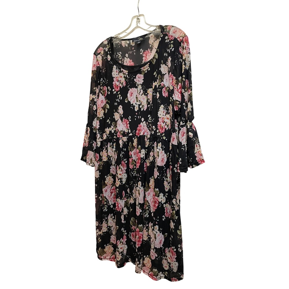 Suzanne Betro Black Pink Floral Mesh Tiered Bell Sleeve Dress with Slip 2X